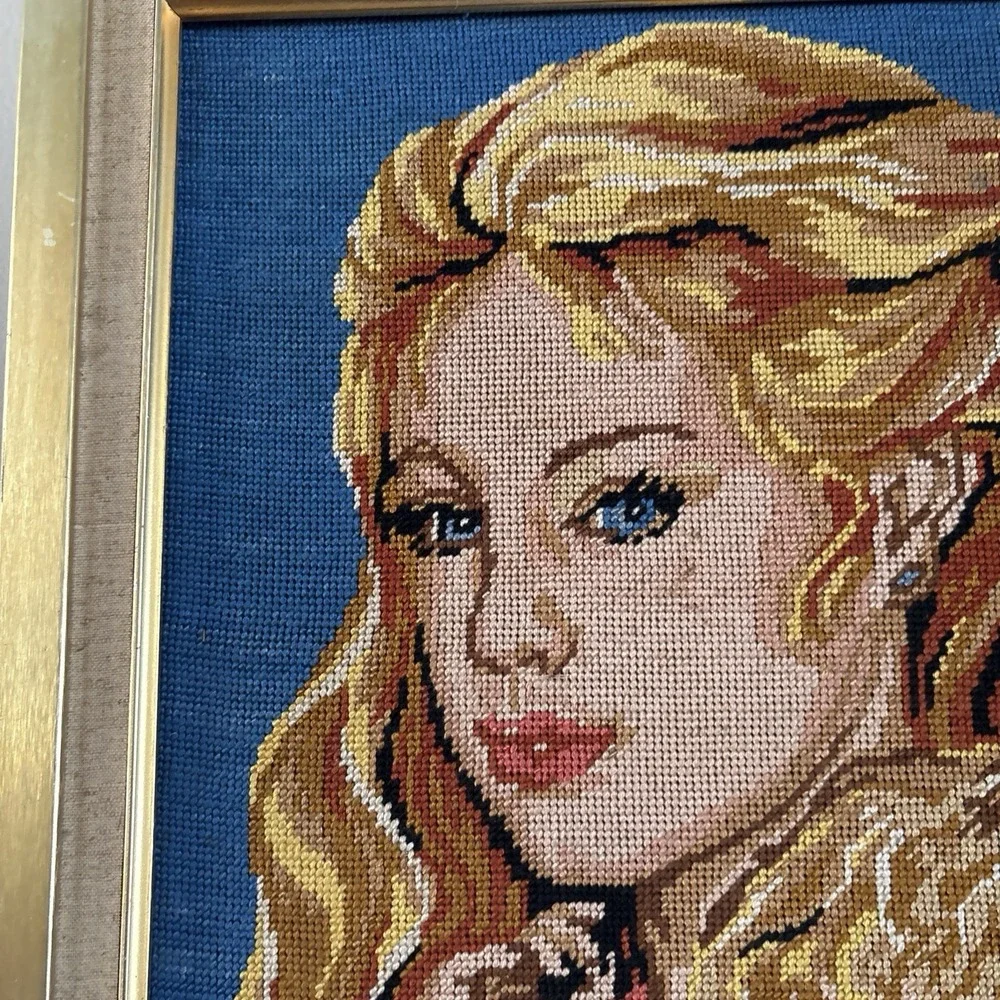 Mother and child Needlepoint Tapestry Framed Blonde Blue Eyes 18x23
